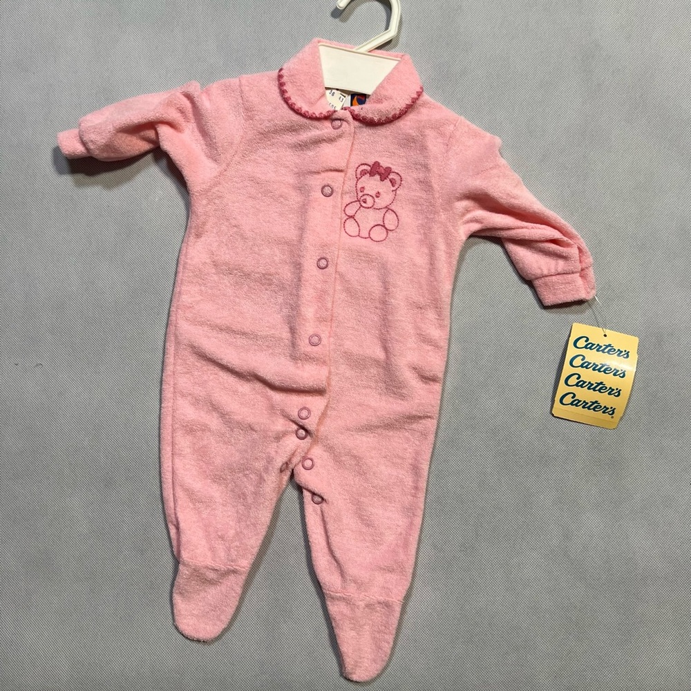NWT Vintage Carter's Pink Footed One Piece with Bear Embroidery